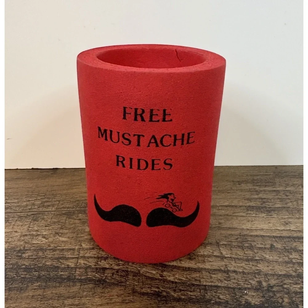 Vintage Free Mustache Rides Red Beverage Koozie Can Cooler